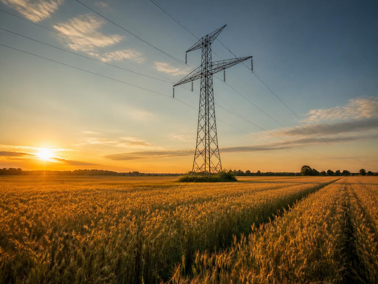 Wysokie napięcie — słup energetyczny stojący na polu zbożowym o zachodzie słońca